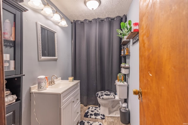 bathroom featuring vanity, toilet, and a textured ceiling