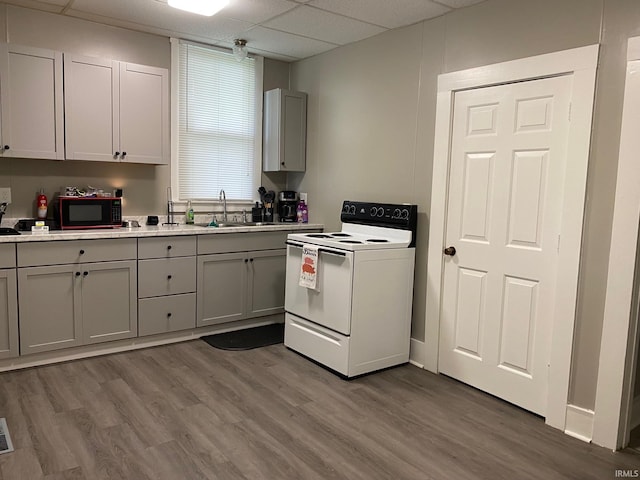 kitchen with electric stove, hardwood / wood-style floors, a paneled ceiling, black microwave, and gray cabinetry