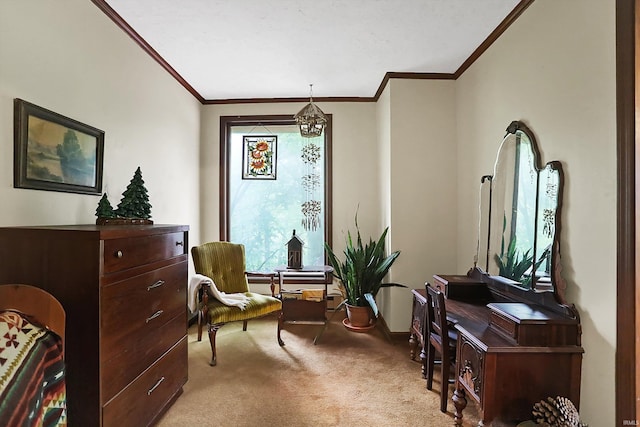 living area featuring light carpet and crown molding