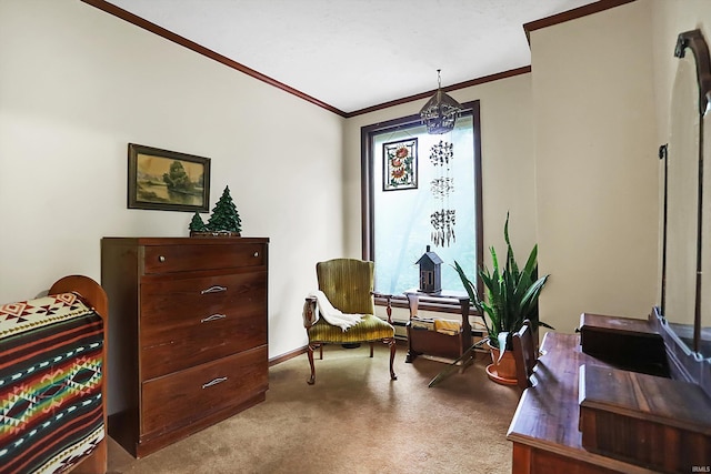 living area featuring baseboards, ornamental molding, and carpet flooring