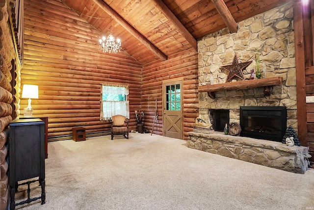 unfurnished living room with high vaulted ceiling, carpet, log walls, and wooden ceiling