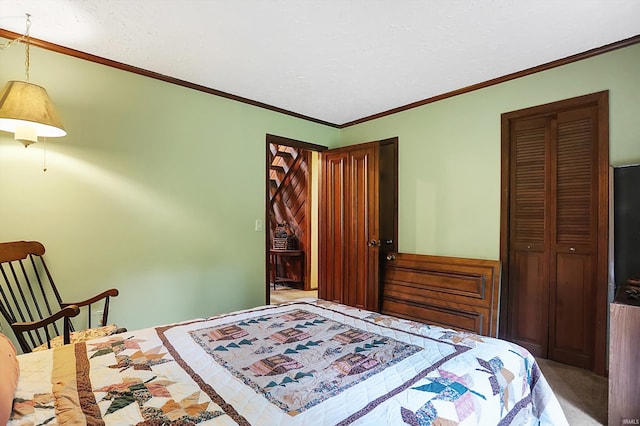 bedroom featuring carpet floors and ornamental molding