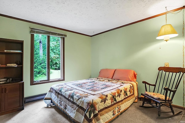 bedroom featuring carpet floors, a textured ceiling, and baseboard heating