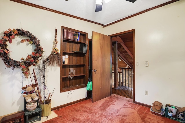 miscellaneous room with wood-type flooring, ceiling fan, and crown molding