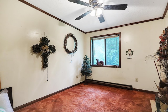 interior space featuring a baseboard heating unit, carpet flooring, ceiling fan, and crown molding