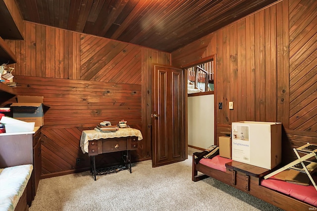 interior space featuring light carpet, wooden walls, and wooden ceiling