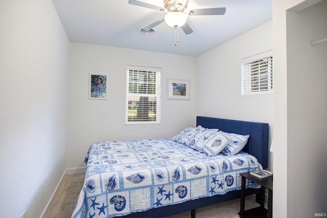 bedroom featuring carpet floors and ceiling fan