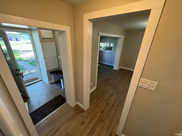 entryway with dark hardwood / wood-style flooring