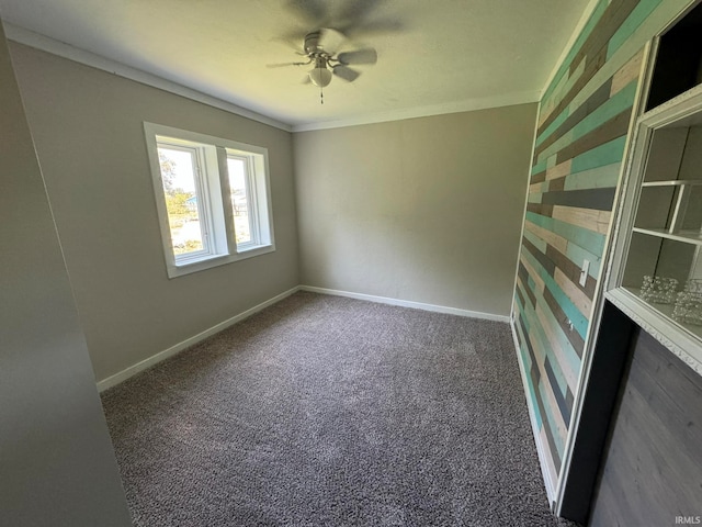 spare room featuring ceiling fan, carpet flooring, and crown molding