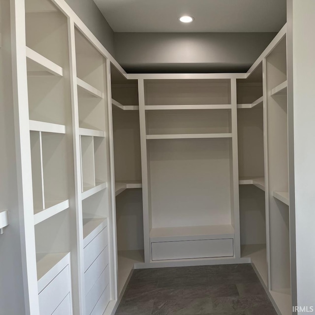 spacious closet with dark wood-type flooring