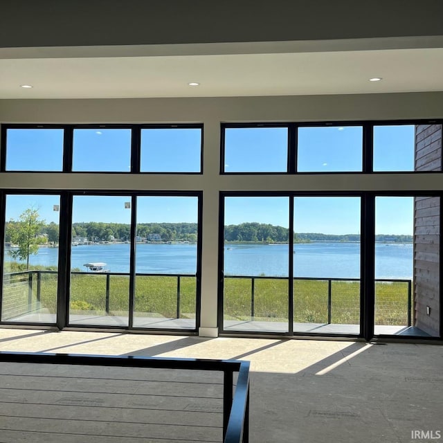 interior space with a water view