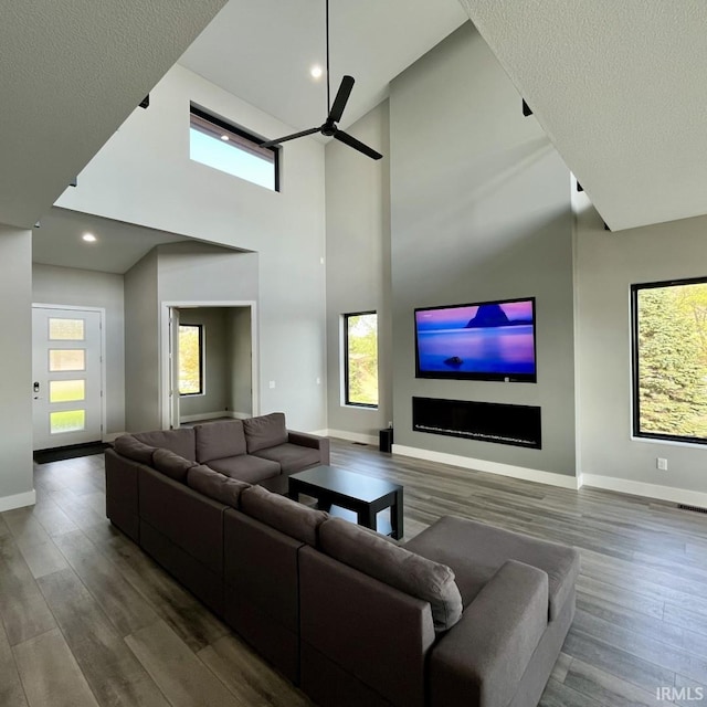 135 Ln 850 Snow Lk, Fremont, IN 46737 - living area featuring baseboards, wood finished floors, ceiling fan, a high ceiling, and healthy amount of natural light