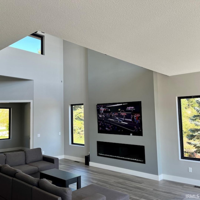 living room featuring wood-type flooring, a textured ceiling, and a high ceiling