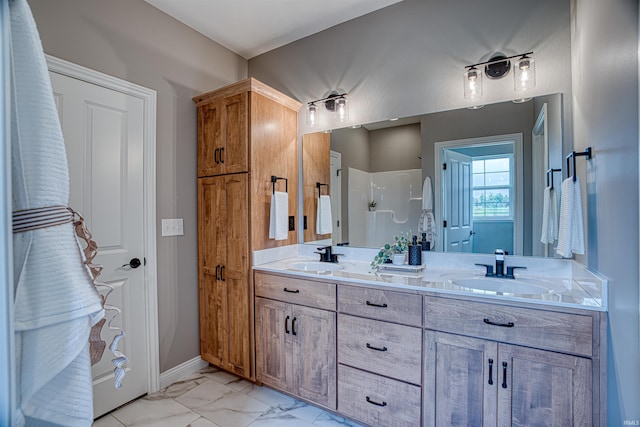 bathroom featuring vanity and a shower