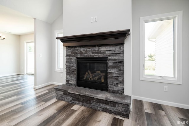 details with a stone fireplace and wood-type flooring