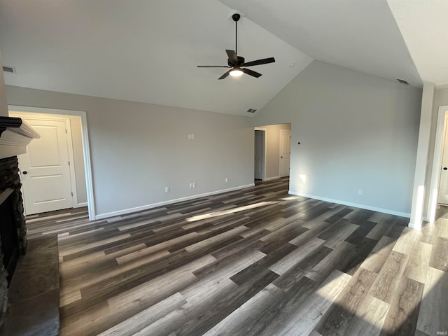 unfurnished living room featuring high vaulted ceiling, wood-type flooring, and ceiling fan