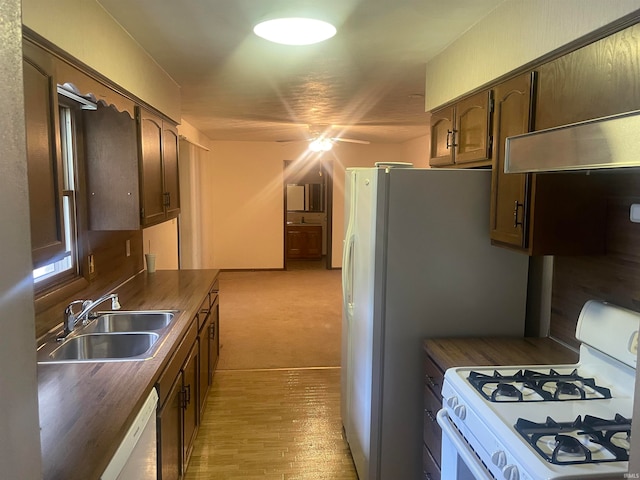 kitchen featuring white appliances, light carpet, custom exhaust hood, ceiling fan, and sink