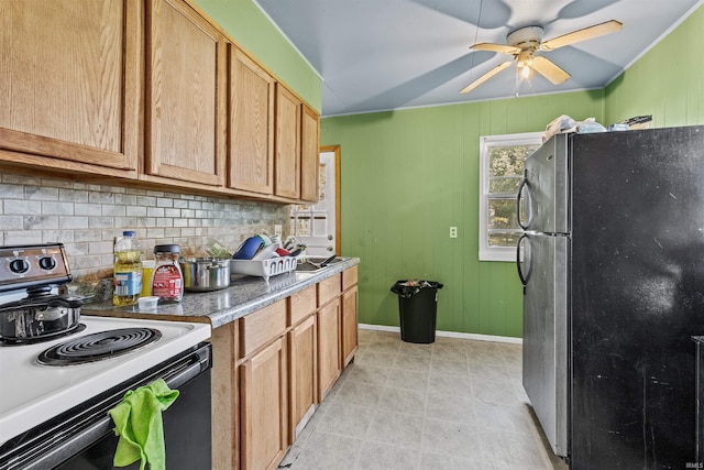 kitchen with decorative backsplash, ceiling fan, white electric stove, light tile patterned flooring, and fridge