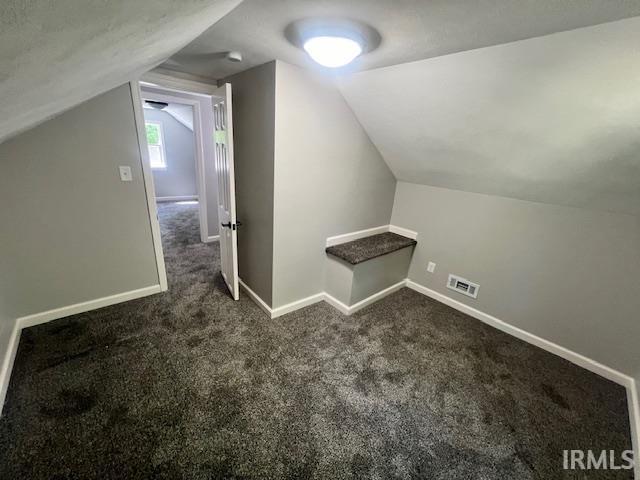 additional living space with lofted ceiling and dark carpet