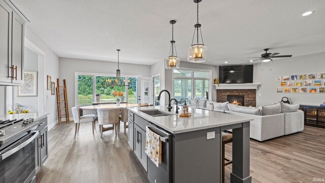 kitchen featuring appliances with stainless steel finishes, an island with sink, sink, light hardwood / wood-style floors, and a fireplace