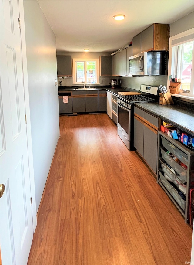 kitchen featuring light wood-type flooring, appliances with stainless steel finishes, sink, and gray cabinets