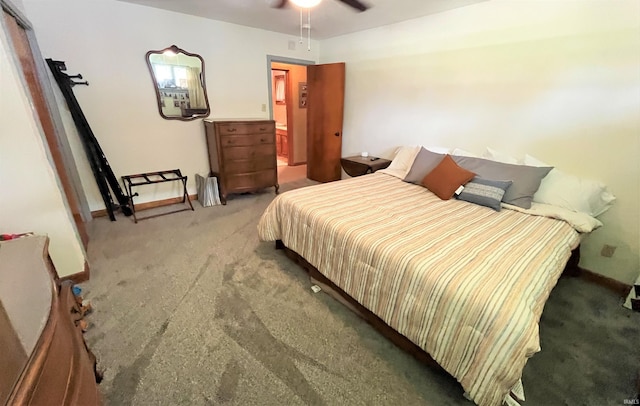 bedroom with ceiling fan and carpet