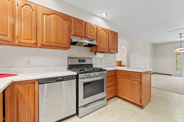 kitchen with light colored carpet, hanging light fixtures, dishwasher, kitchen peninsula, and range with gas stovetop