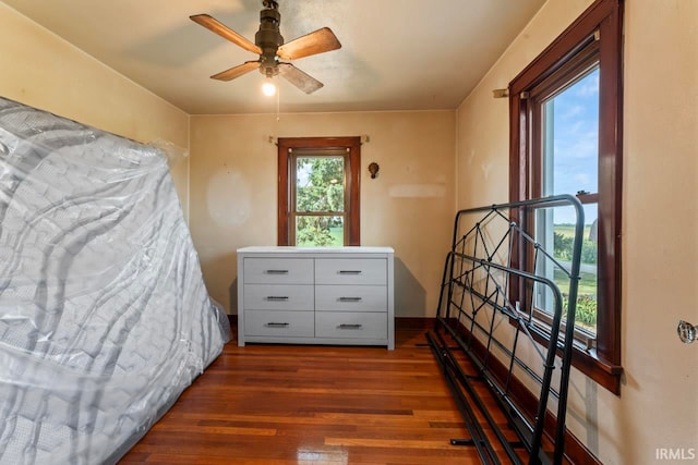 bedroom with ceiling fan, multiple windows, and hardwood / wood-style floors