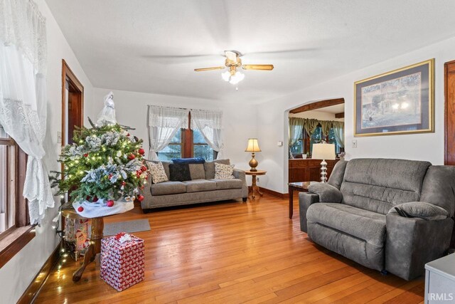 living room featuring ceiling fan and wood-type flooring