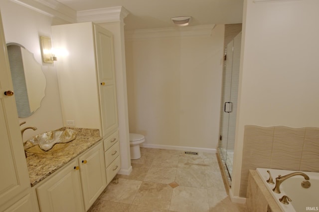 full bathroom with toilet, separate shower and tub, ornamental molding, tile patterned floors, and vanity