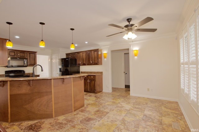 kitchen with ceiling fan, light tile patterned flooring, black refrigerator with ice dispenser, and a healthy amount of sunlight