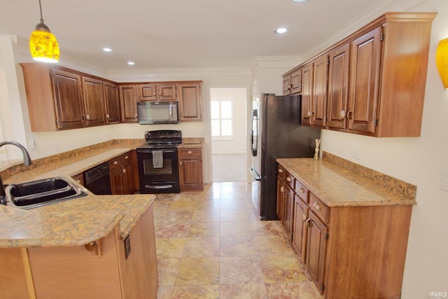 kitchen with crown molding, light tile patterned flooring, black appliances, sink, and decorative light fixtures