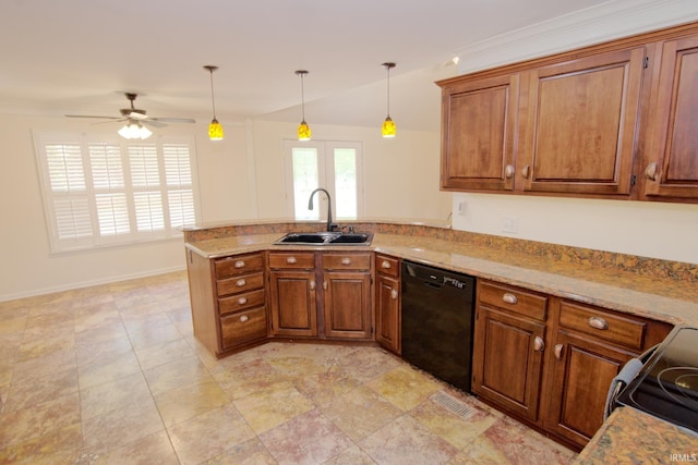 kitchen featuring kitchen peninsula, light tile patterned floors, black dishwasher, and sink