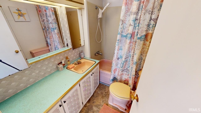 full bathroom featuring shower / bath combo, vanity, tile patterned flooring, and toilet