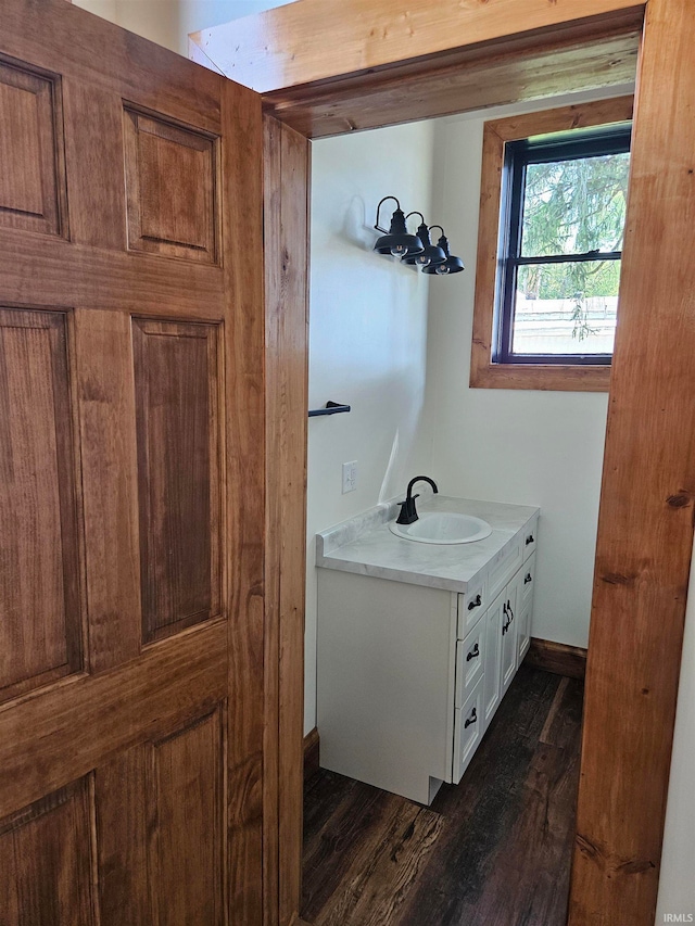 bathroom featuring hardwood / wood-style flooring and vanity