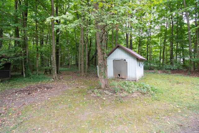 view of yard with a storage shed