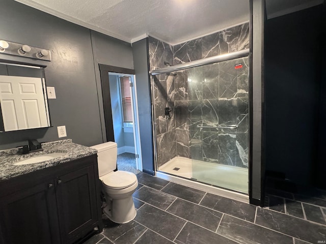 bathroom with a textured ceiling, toilet, tile patterned floors, a shower with door, and vanity