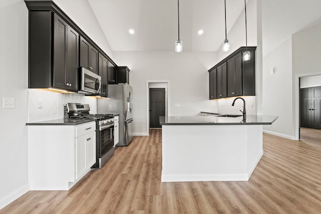 kitchen with light hardwood / wood-style flooring, sink, hanging light fixtures, high vaulted ceiling, and appliances with stainless steel finishes