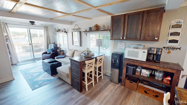 kitchen with ceiling fan, white microwave, light wood-type flooring, and dark brown cabinetry