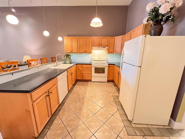 235 N Main St, Kokomo, IN 46901 - kitchen with white appliances, a sink, under cabinet range hood, dark countertops, and a high ceiling