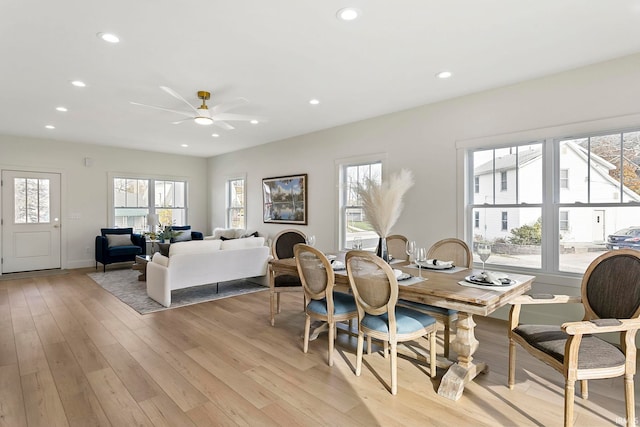 dining area featuring ceiling fan, a healthy amount of sunlight, and light wood-type flooring