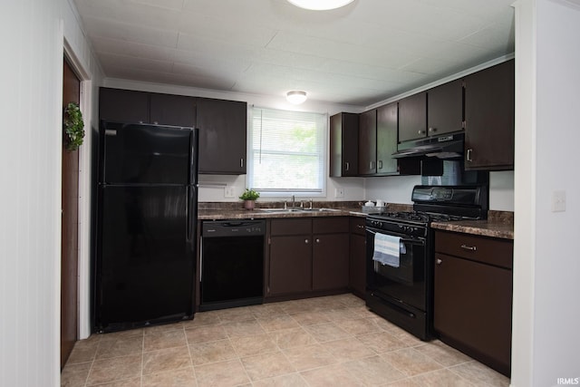 kitchen with extractor fan, dark brown cabinetry, and black appliances