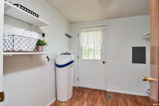 entryway featuring electric panel and dark hardwood / wood-style flooring