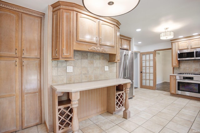 kitchen featuring appliances with stainless steel finishes, backsplash, light tile patterned floors, and light brown cabinetry