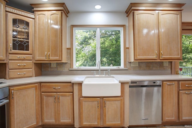 kitchen with backsplash, stainless steel appliances, sink, and a wealth of natural light