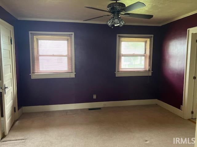 carpeted spare room with ceiling fan