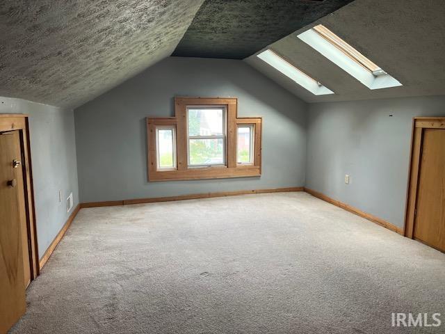 additional living space featuring light carpet, a textured ceiling, and vaulted ceiling with skylight