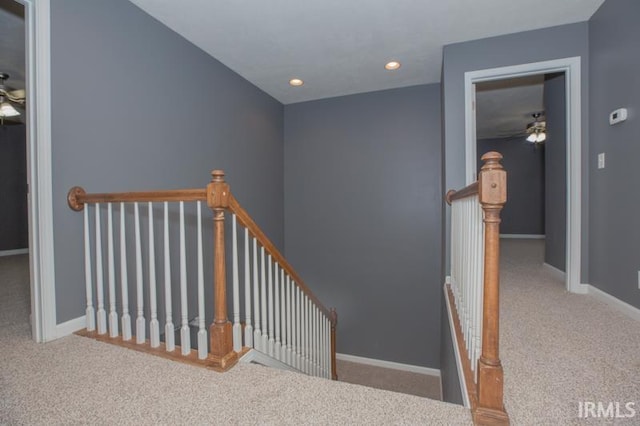 stairs featuring baseboards, recessed lighting, and carpet flooring