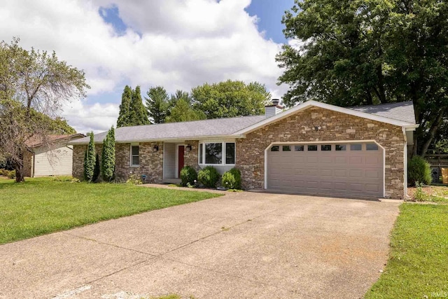 ranch-style house featuring a garage and a front lawn