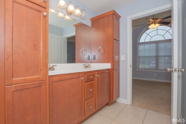 bathroom featuring ceiling fan, tile patterned floors, and vanity